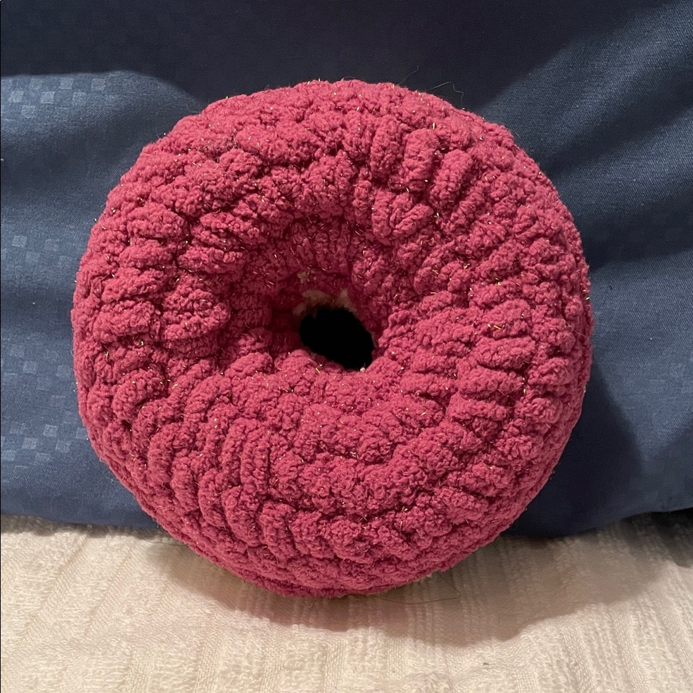 Handmade-Crocheted Burgundy and Tan Plush Donut